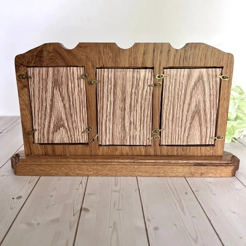 Vintage Triple-Opening Carved Oak Wood Desk Tabletop Photo Frame 2.25x3